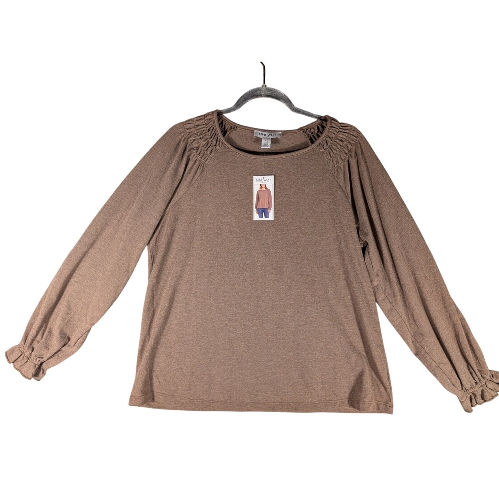 NWT Nine West Shimmer Smocked Top Womens Large Brown Lentil Gold Sparkle Blouse